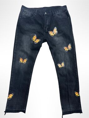 MNML Butterfly Graphic Print Jeans Black Frayed Raw Hem Size 38 Straight Leg